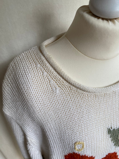 Vintage Grobstrickpullover mit gestickten Blumen in beige, oversize XL