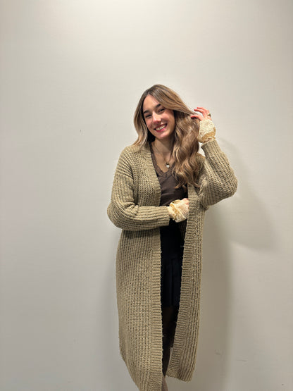 Langer Cardigan Strickjacke braun-grau taupe, Grobstrick, S,M,L,XL