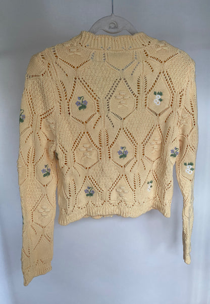 Pre-loved Zara Strickcardigan in hellgelb mit Blumen-Stickerei, M