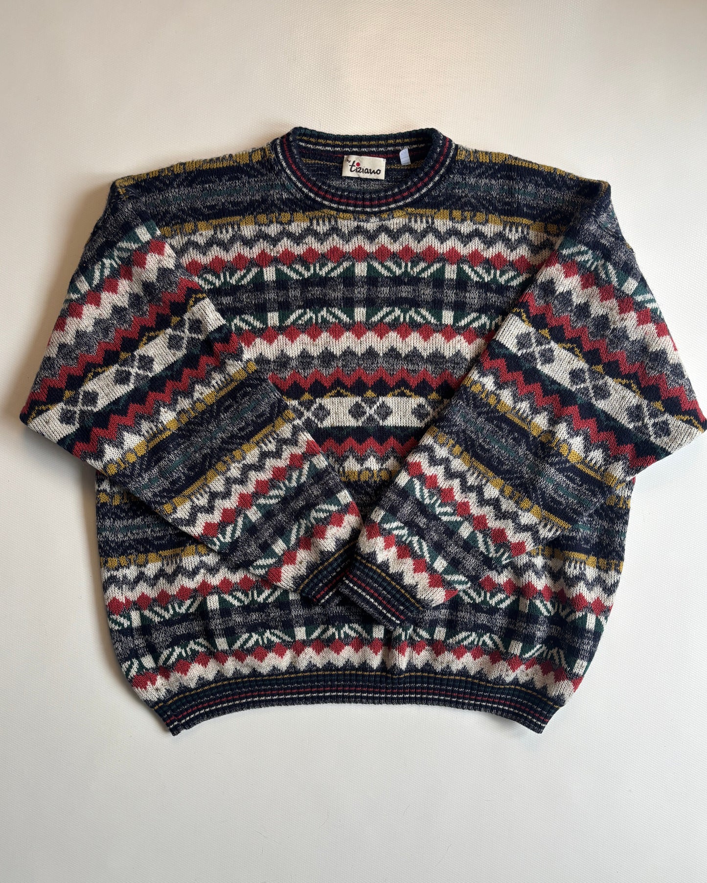 Bunt gemusterter retro Strickpullover, geometrisches Muster multicolor, S,M,L
