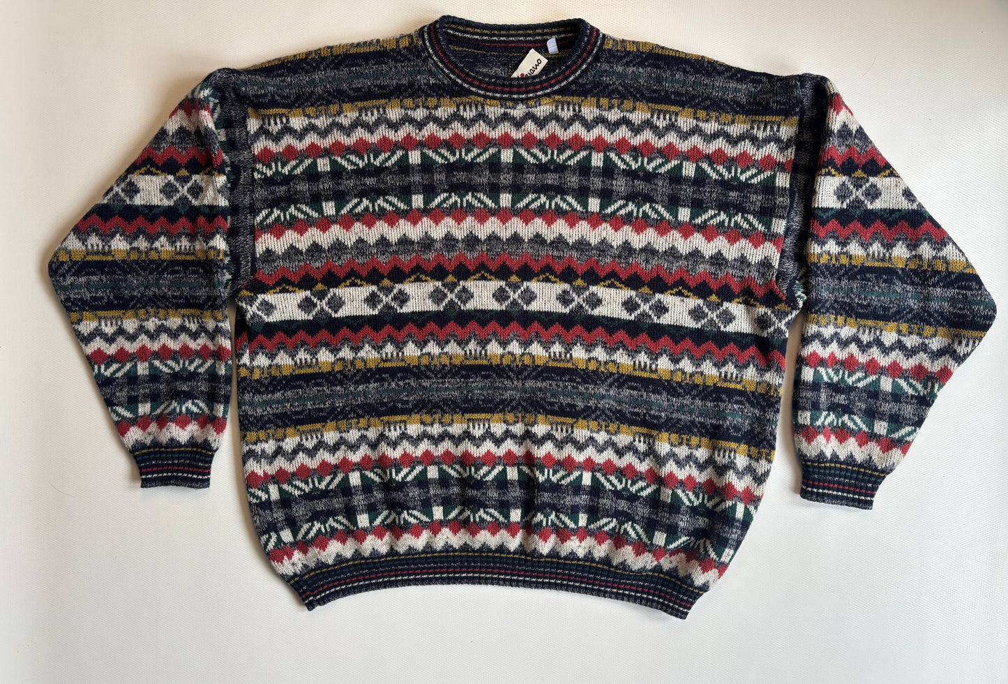 Bunt gemusterter retro Strickpullover, geometrisches Muster multicolor, S,M,L