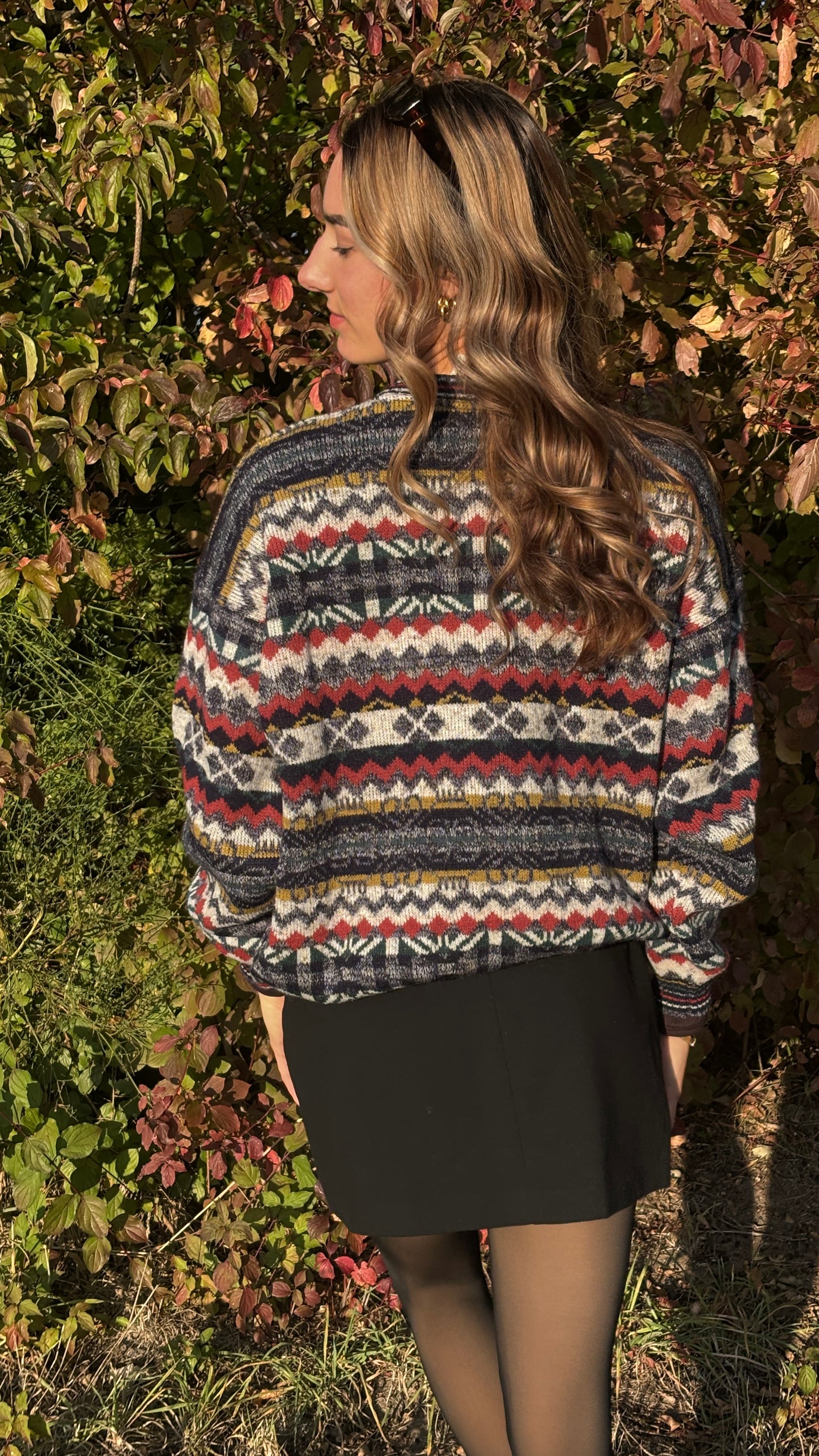 Bunt gemusterter retro Strickpullover, geometrisches Muster multicolor, S,M,L