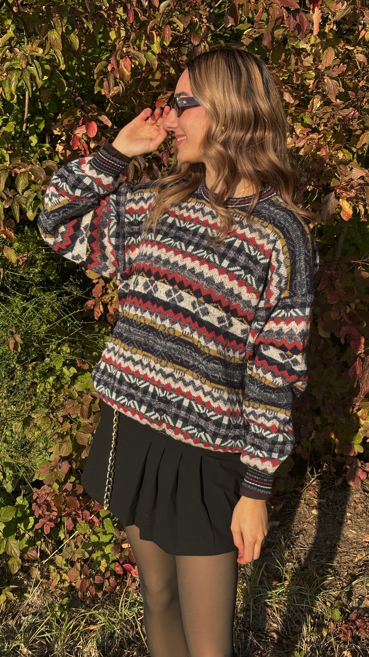 Bunt gemusterter retro Strickpullover, geometrisches Muster multicolor, S,M,L