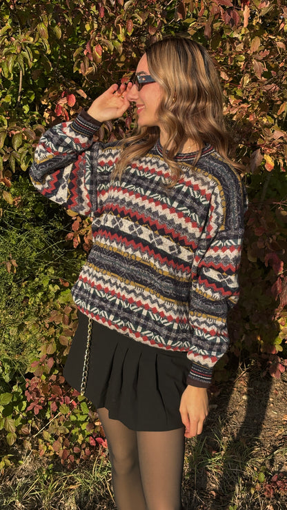 Bunt gemusterter retro Strickpullover, geometrisches Muster multicolor, S,M,L