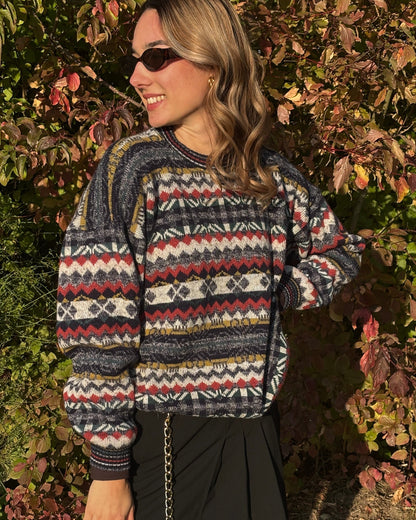 Bunt gemusterter retro Strickpullover, geometrisches Muster multicolor, S,M,L