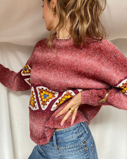 Pull & Bear Strickpullover rot meliert mit Häkel Crocket Details, M