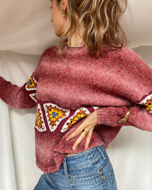 Pull & Bear Strickpullover rot meliert mit Häkel Crocket Details, M