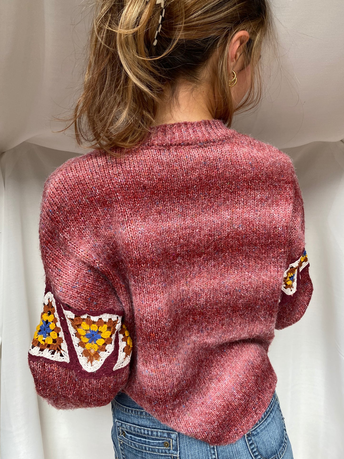 Pull & Bear Strickpullover rot meliert mit Häkel Crocket Details, M