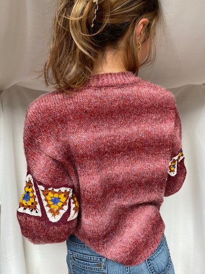 Pull & Bear Strickpullover rot meliert mit Häkel Crocket Details, M