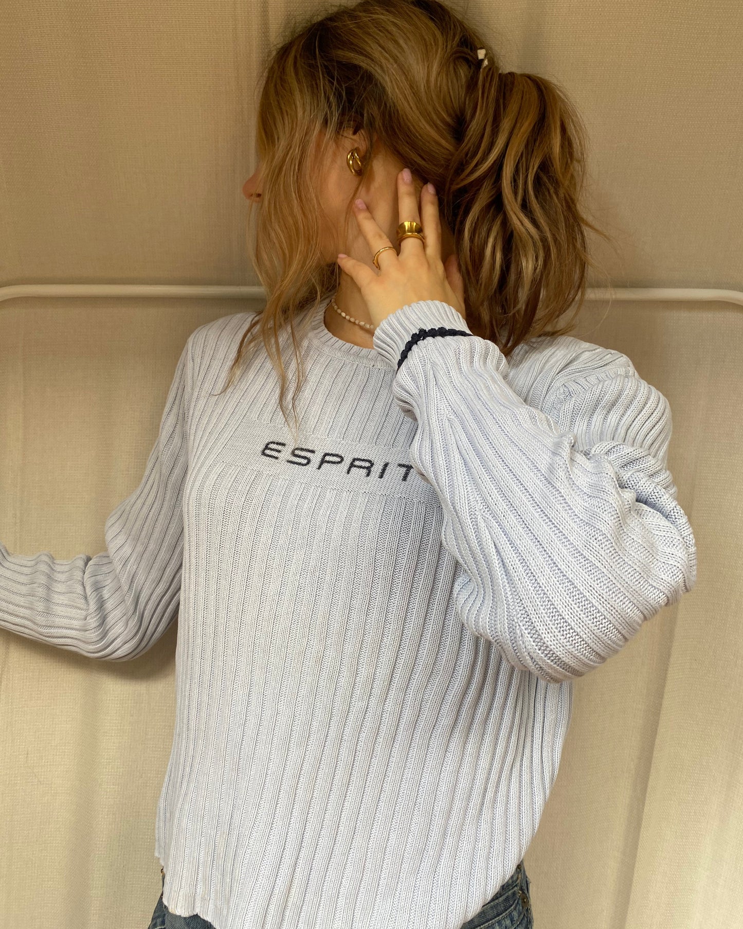 y2k cable knit Esprit Baumwolle Strickpullover hellblau 2000er Stil S,M