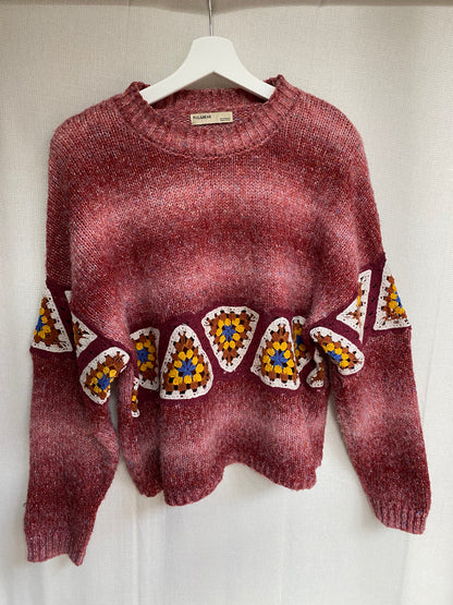 Pull & Bear Strickpullover rot meliert mit Häkel Crocket Details, M