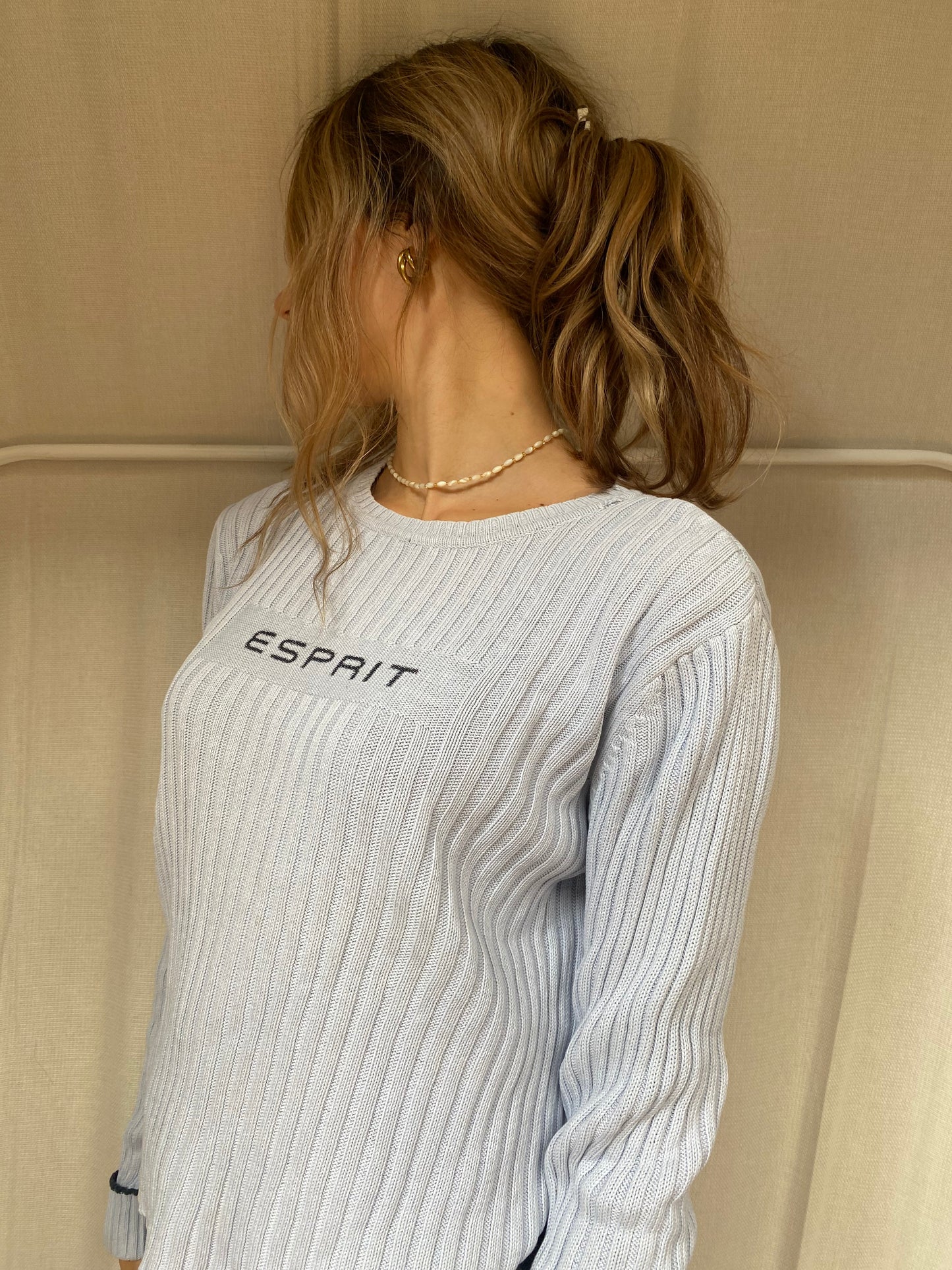 y2k cable knit Esprit Baumwolle Strickpullover hellblau 2000er Stil S,M