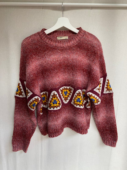 Pull & Bear Strickpullover rot meliert mit Häkel Crocket Details, M