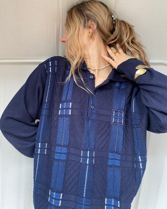 Vintage Dardano Strickpullover Hemd-Kragen, mit 3D Knit, M, L