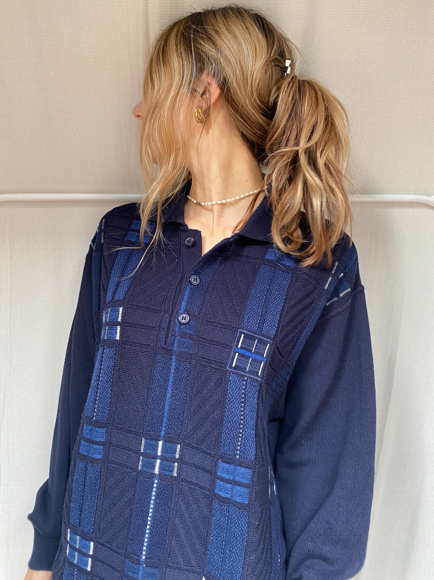 Vintage Dardano Strickpullover Hemd-Kragen, mit 3D Knit, M, L