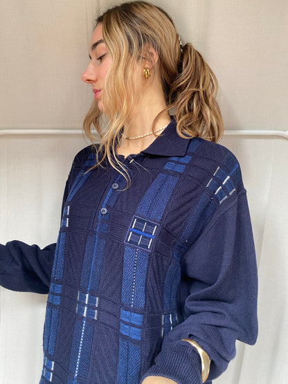 Vintage Dardano Strickpullover Hemd-Kragen, mit 3D Knit, M, L