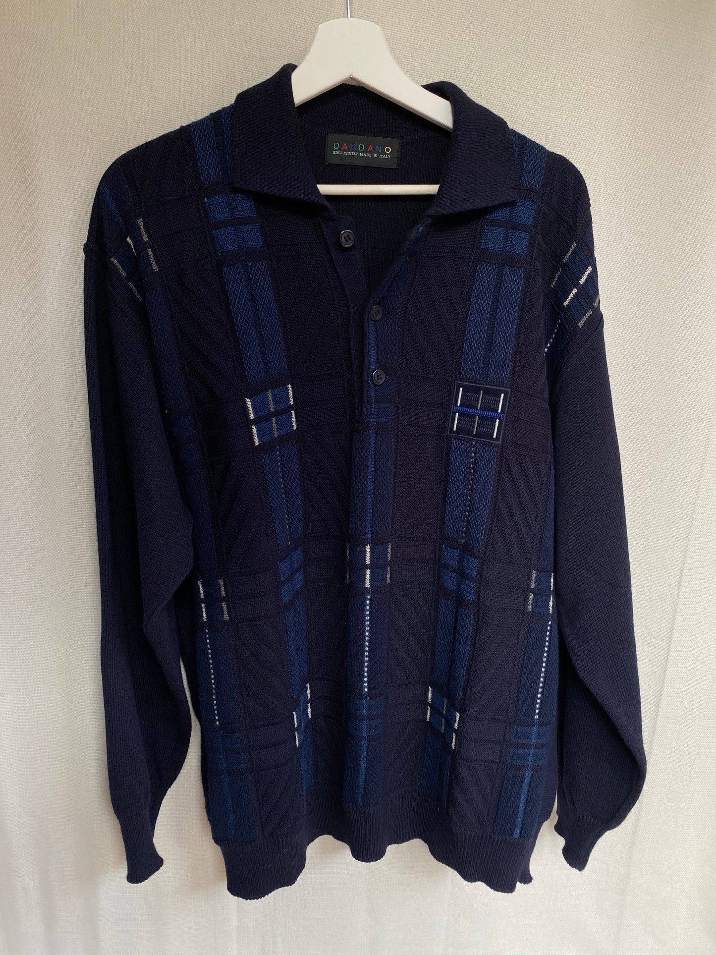 Vintage Dardano Strickpullover Hemd-Kragen, mit 3D Knit, M, L