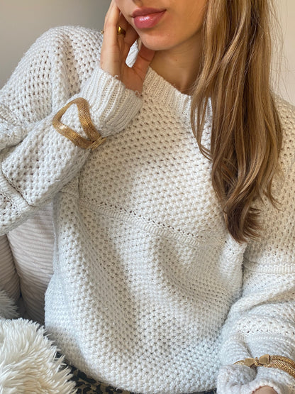 Offwhite farbener Ajour-Muster Lochstrick Pullover, baggy, M