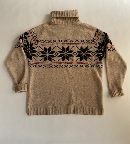 Rollkragen Strickpullover mit Norwegen-Muster beige schwarz rot, S,M