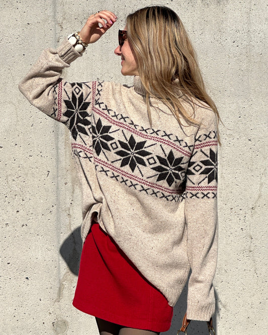 Rollkragen Strickpullover mit Norwegen-Muster beige schwarz rot, S,M