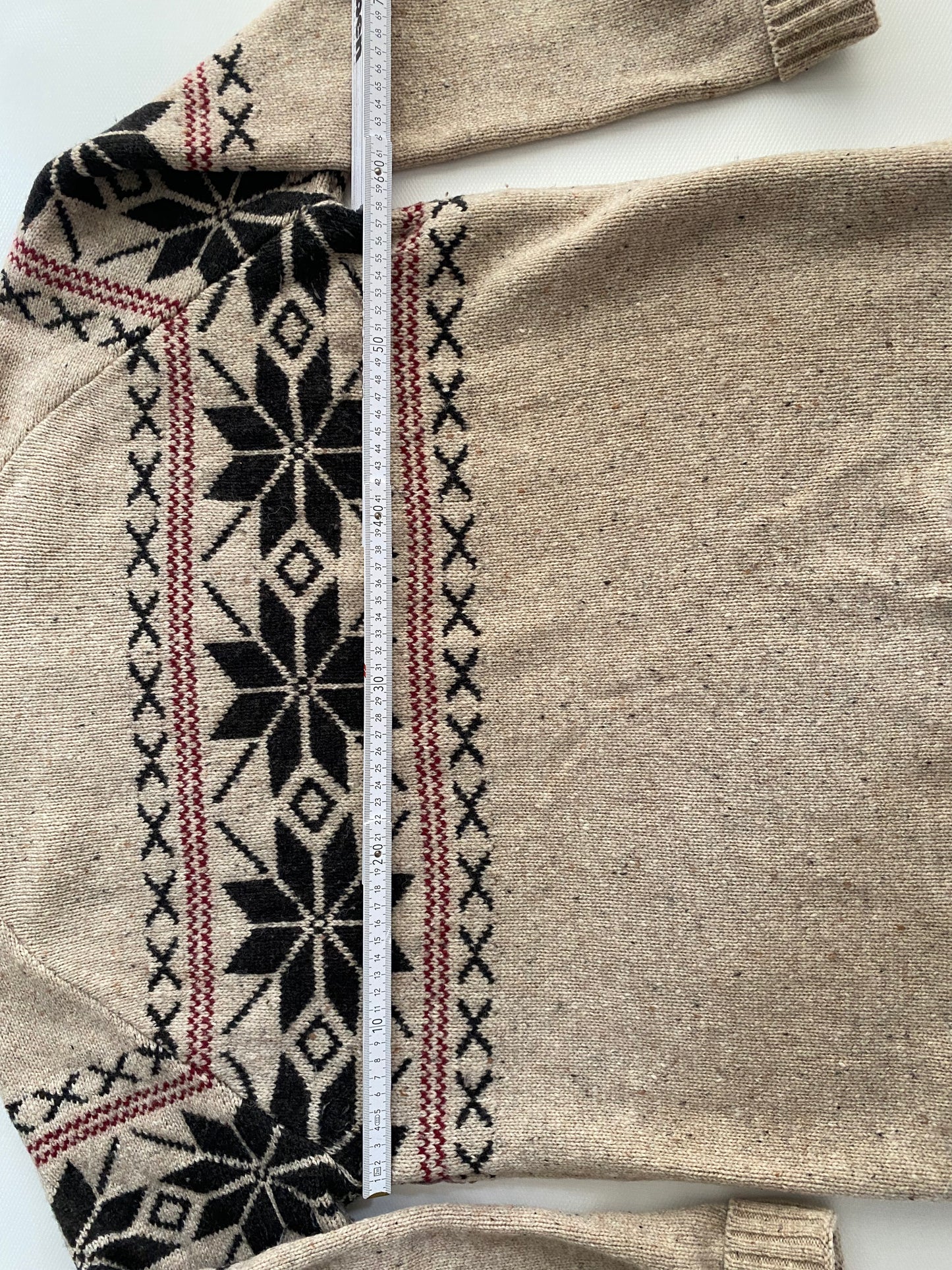 Rollkragen Strickpullover mit Norwegen-Muster beige schwarz rot, S,M