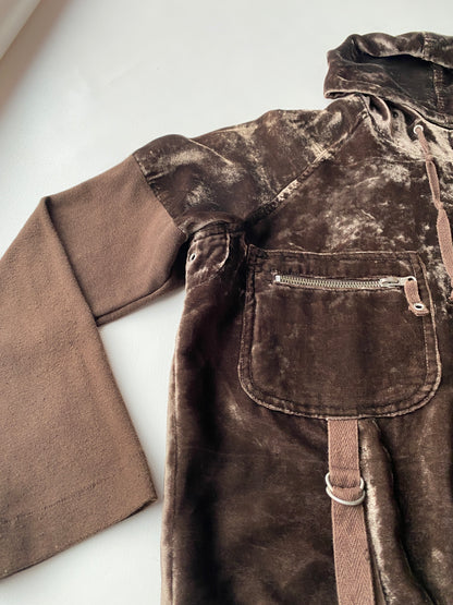 Samt Velours Zipjacke im y2k Stil, braun glänzend mit Kapuze, S,M