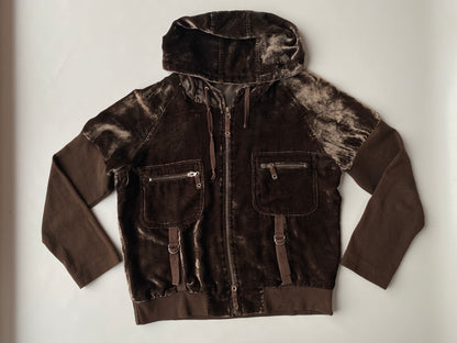 Samt Velours Zipjacke im y2k Stil, braun glänzend mit Kapuze, S,M