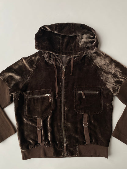 Samt Velours Zipjacke im y2k Stil, braun glänzend mit Kapuze, S,M