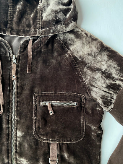 Samt Velours Zipjacke im y2k Stil, braun glänzend mit Kapuze, S,M