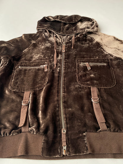 Samt Velours Zipjacke im y2k Stil, braun glänzend mit Kapuze, S,M