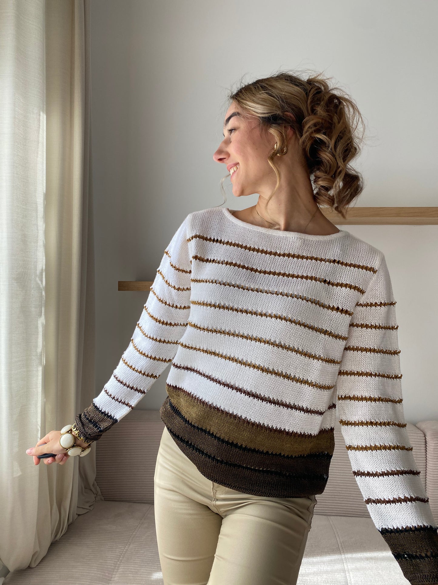 Carlo Colucci Grobstrick Pullover gestreift creme-braun, S, M