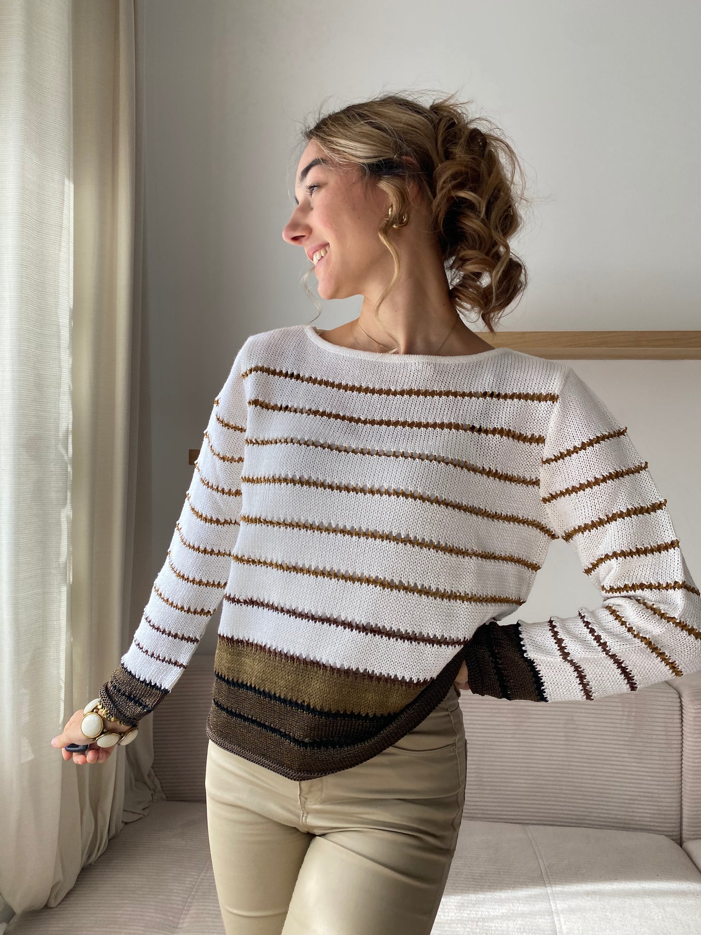 Carlo Colucci Grobstrick Pullover gestreift creme-braun, S, M