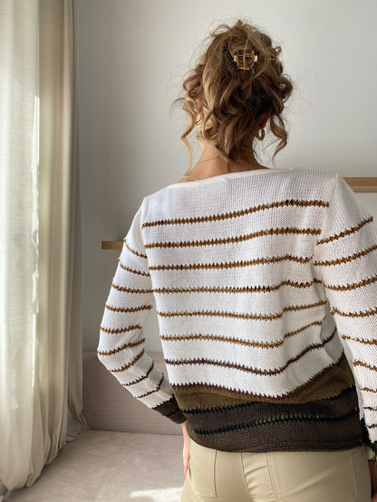 Carlo Colucci Grobstrick Pullover gestreift creme-braun, S, M