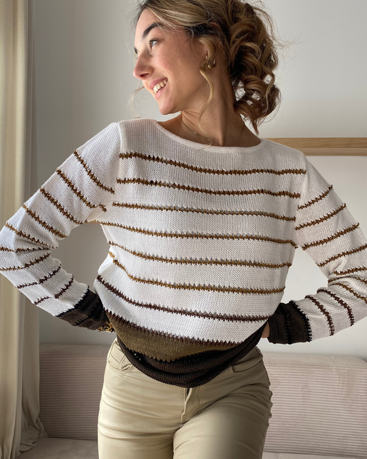 Carlo Colucci Grobstrick Pullover gestreift creme-braun, S, M