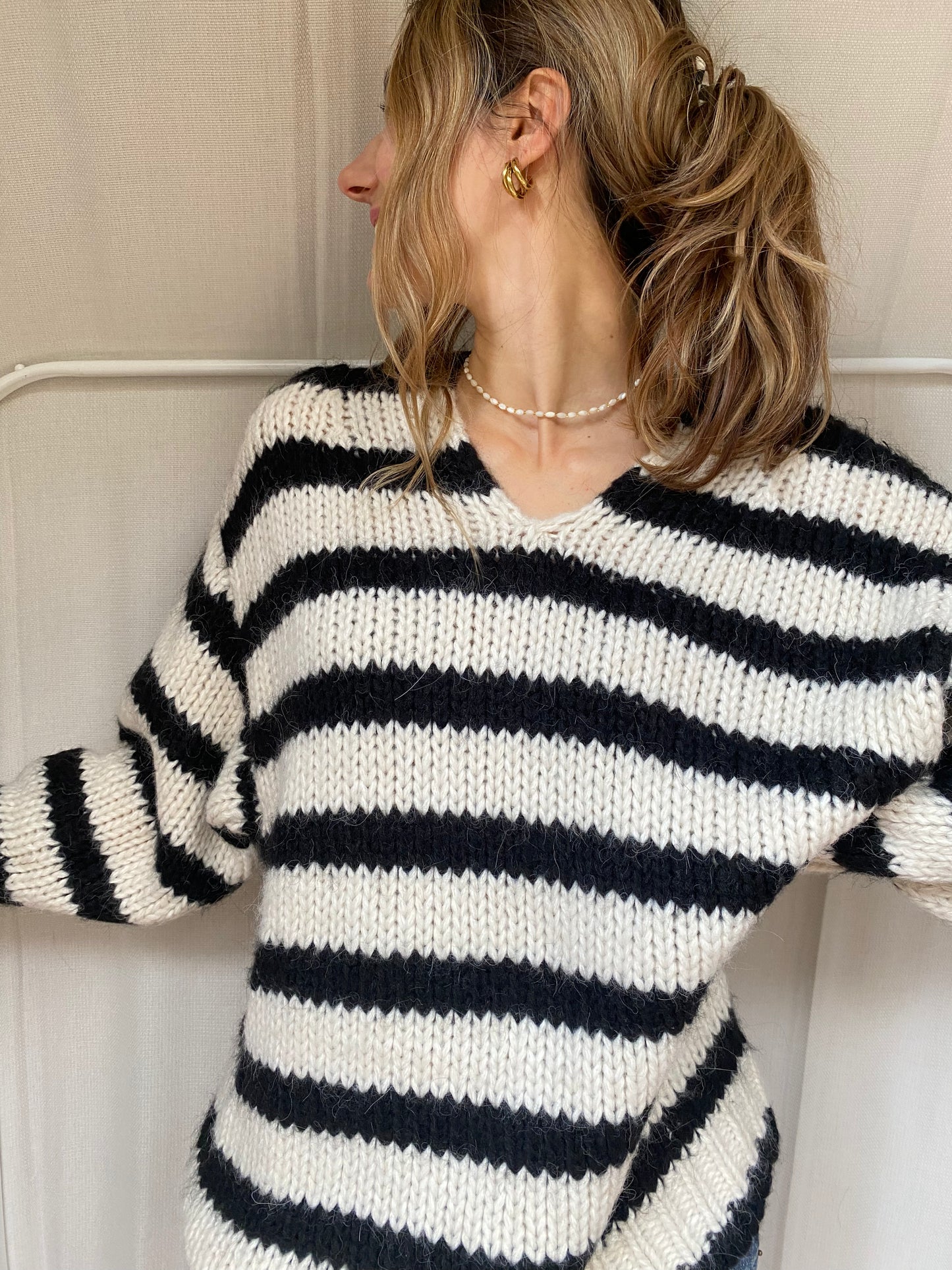 Zara Grobstrick oversize Strickpullover schwarz weiß Blockstreifen, S, M