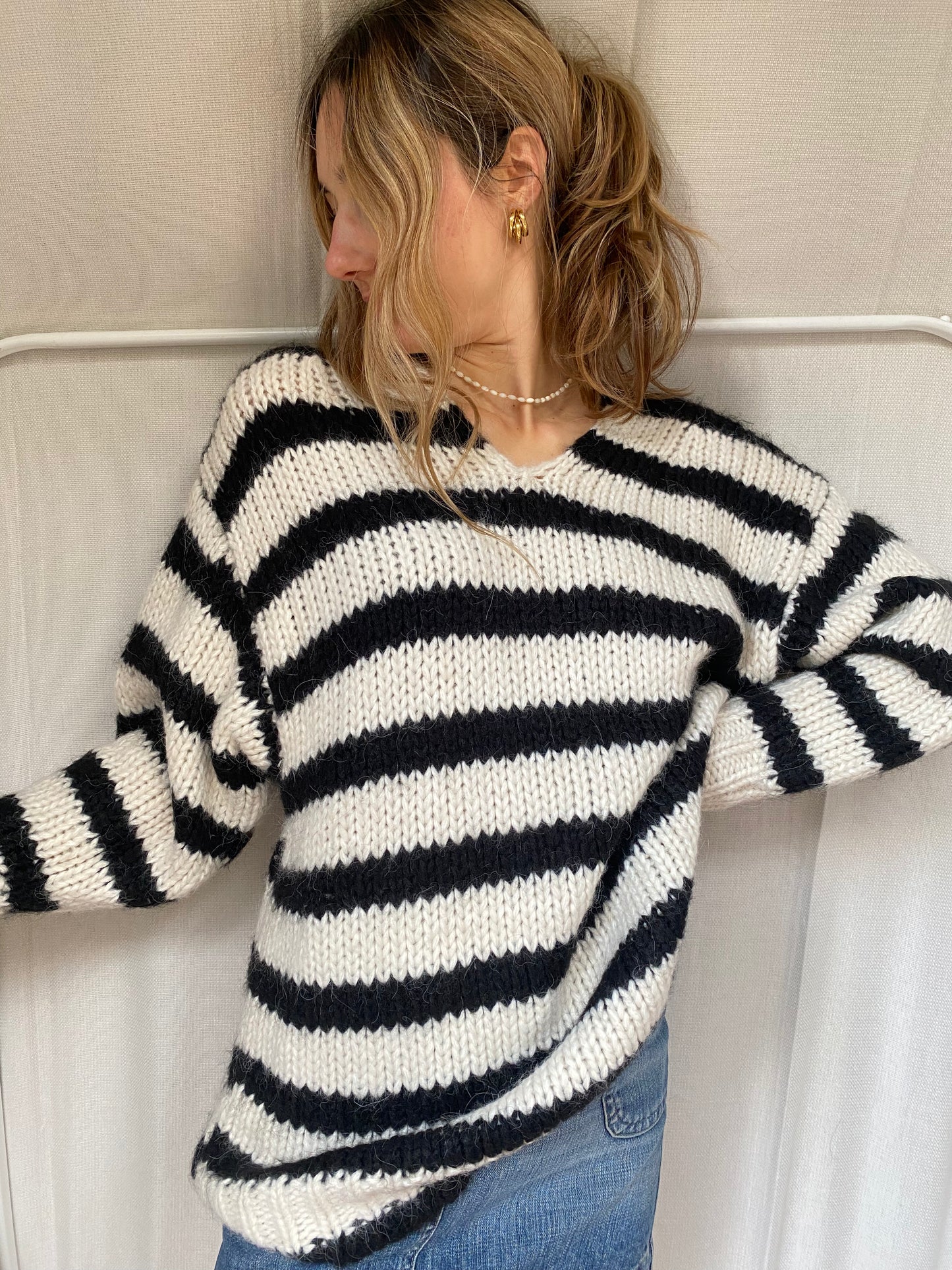 Zara Grobstrick oversize Strickpullover schwarz weiß Blockstreifen, S, M