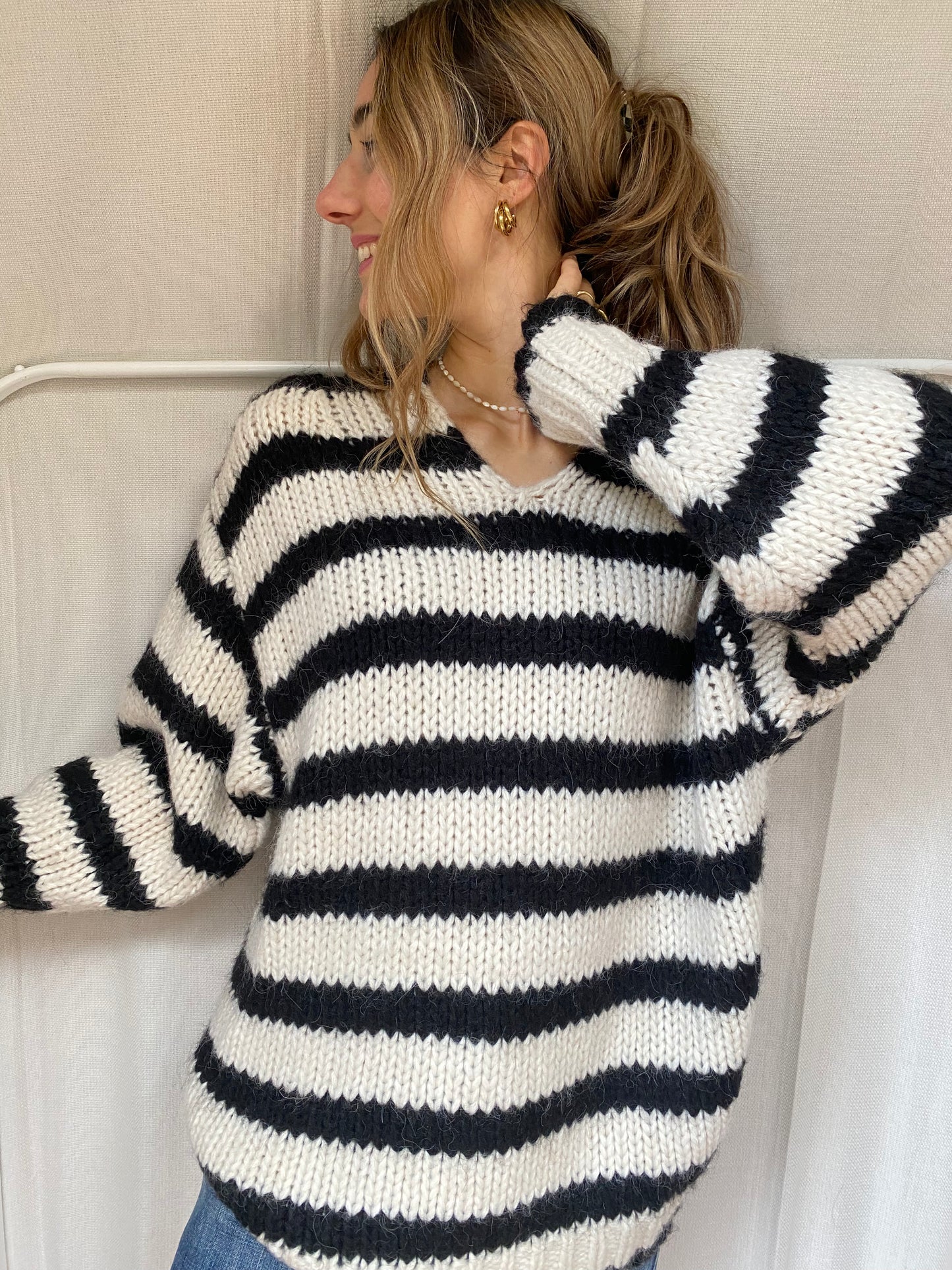 Zara Grobstrick oversize Strickpullover schwarz weiß Blockstreifen, S, M