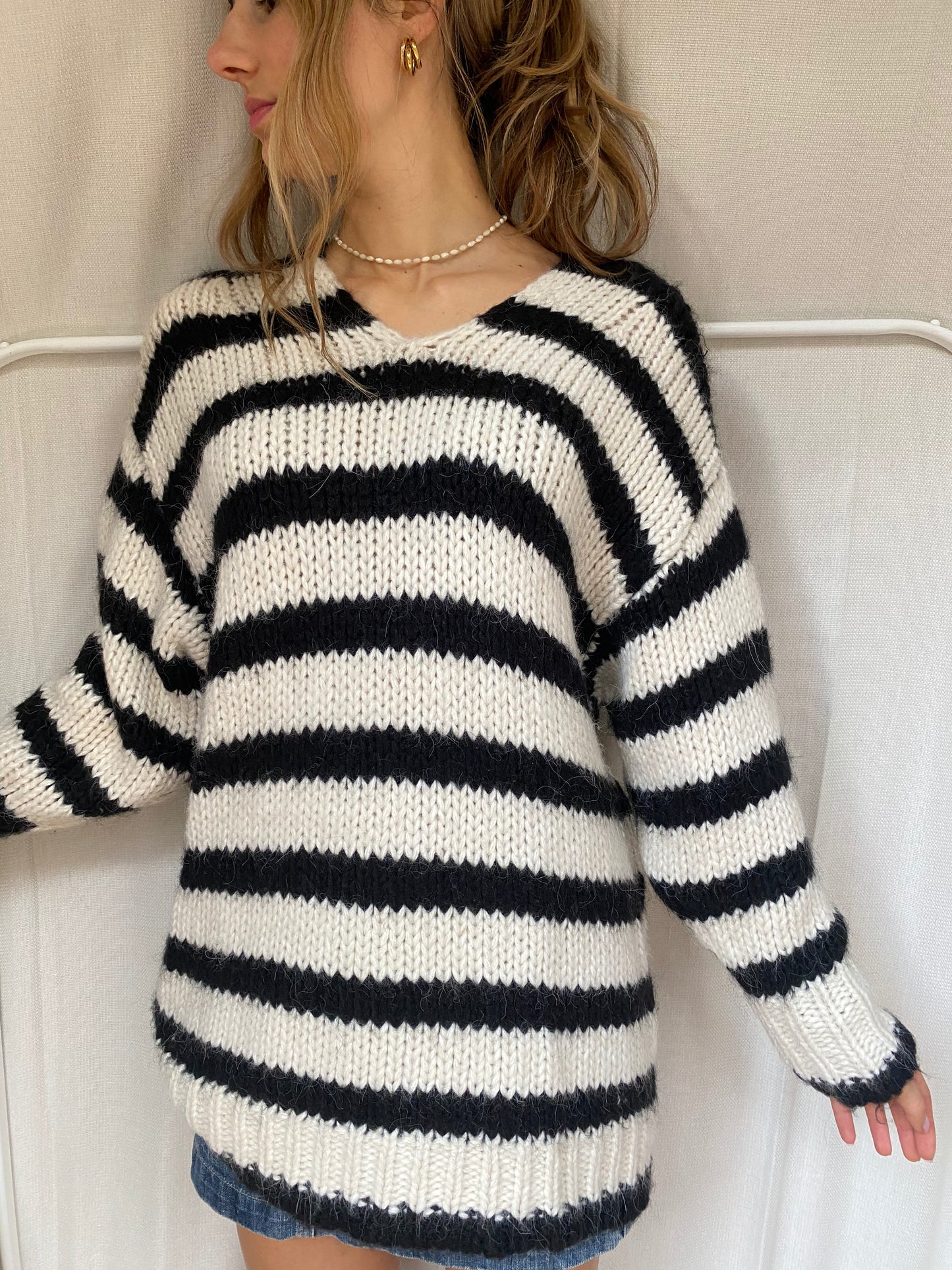 Zara Grobstrick oversize Strickpullover schwarz weiß Blockstreifen, S, M