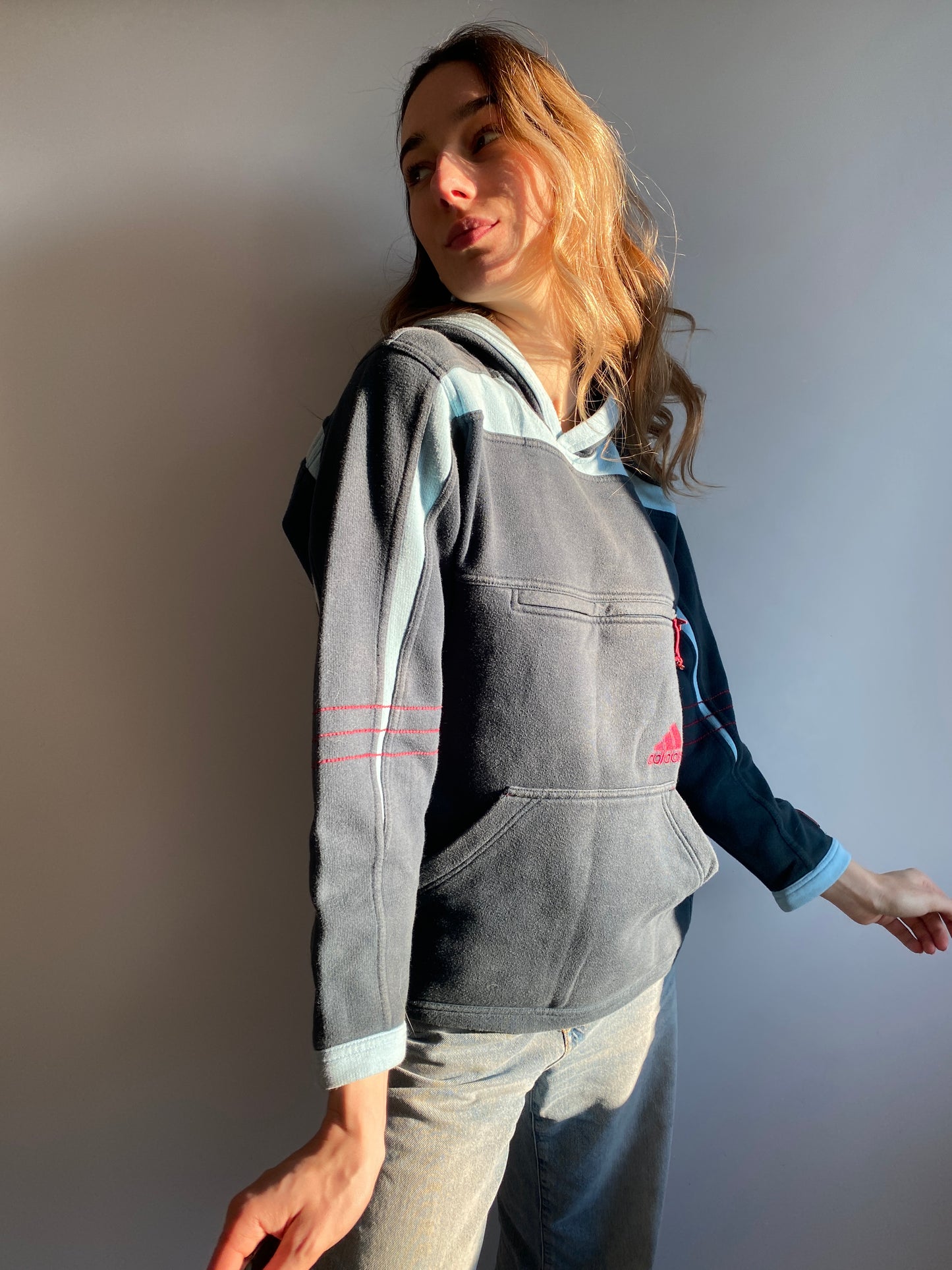 adidas 1999 Hoodie Sweater blau petrol türkis, Vintage Pullover, XS (164)