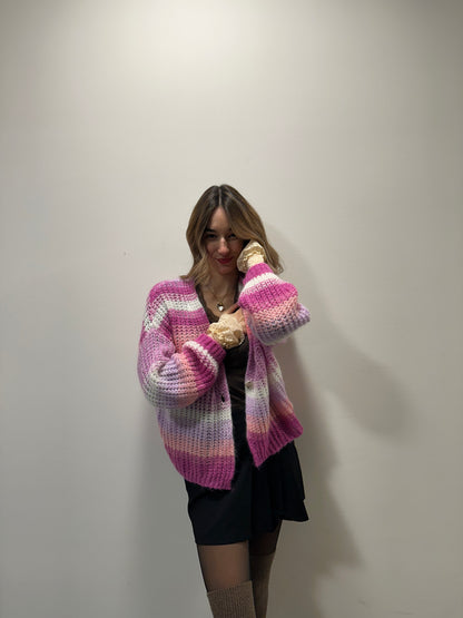 Esisto Strick Cardigan aus Mohair in pink rosa weiß gestreift Farbverlauf, M