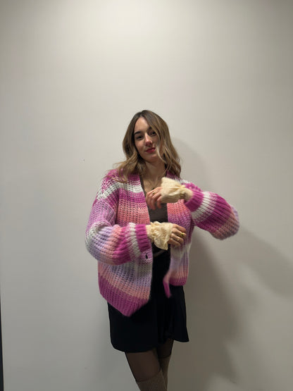 Esisto Strick Cardigan aus Mohair in pink rosa weiß gestreift Farbverlauf, M