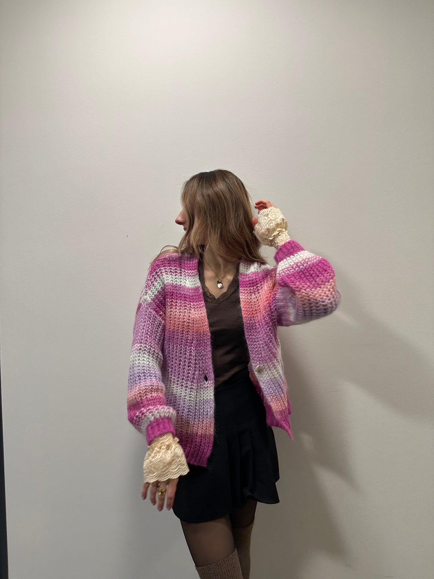 Esisto Strick Cardigan aus Mohair in pink rosa weiß gestreift Farbverlauf, M