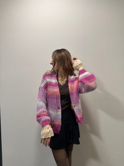 Esisto Strick Cardigan aus Mohair in pink rosa weiß gestreift Farbverlauf, M