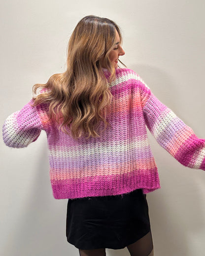 Esisto Strick Cardigan aus Mohair in pink rosa weiß gestreift Farbverlauf, M