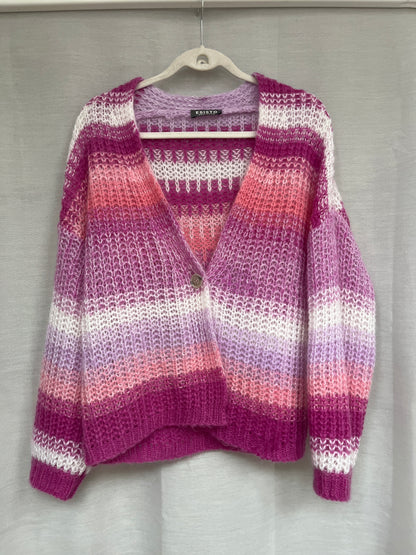 Esisto Strick Cardigan aus Mohair in pink rosa weiß gestreift Farbverlauf, M