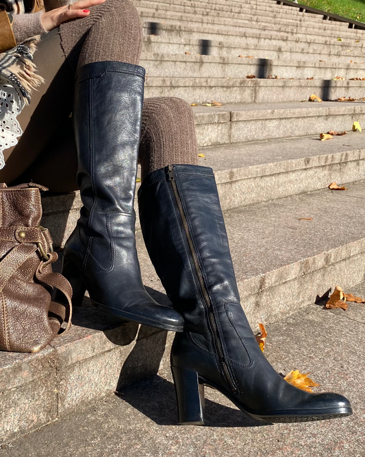 Marc'o Polo Leder Langschaft-Stiefel mit Absatz in schwarz, Gr. 40