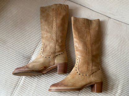 Buffalo derbe retro Lederstiefel hellbraun mit Verzierung, Gr. 40