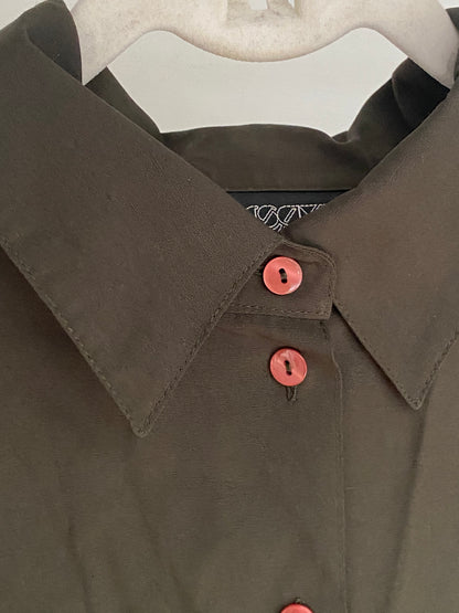 Pre-loved retro orsay Bluse in khaki grün, Viskose-Mix, S