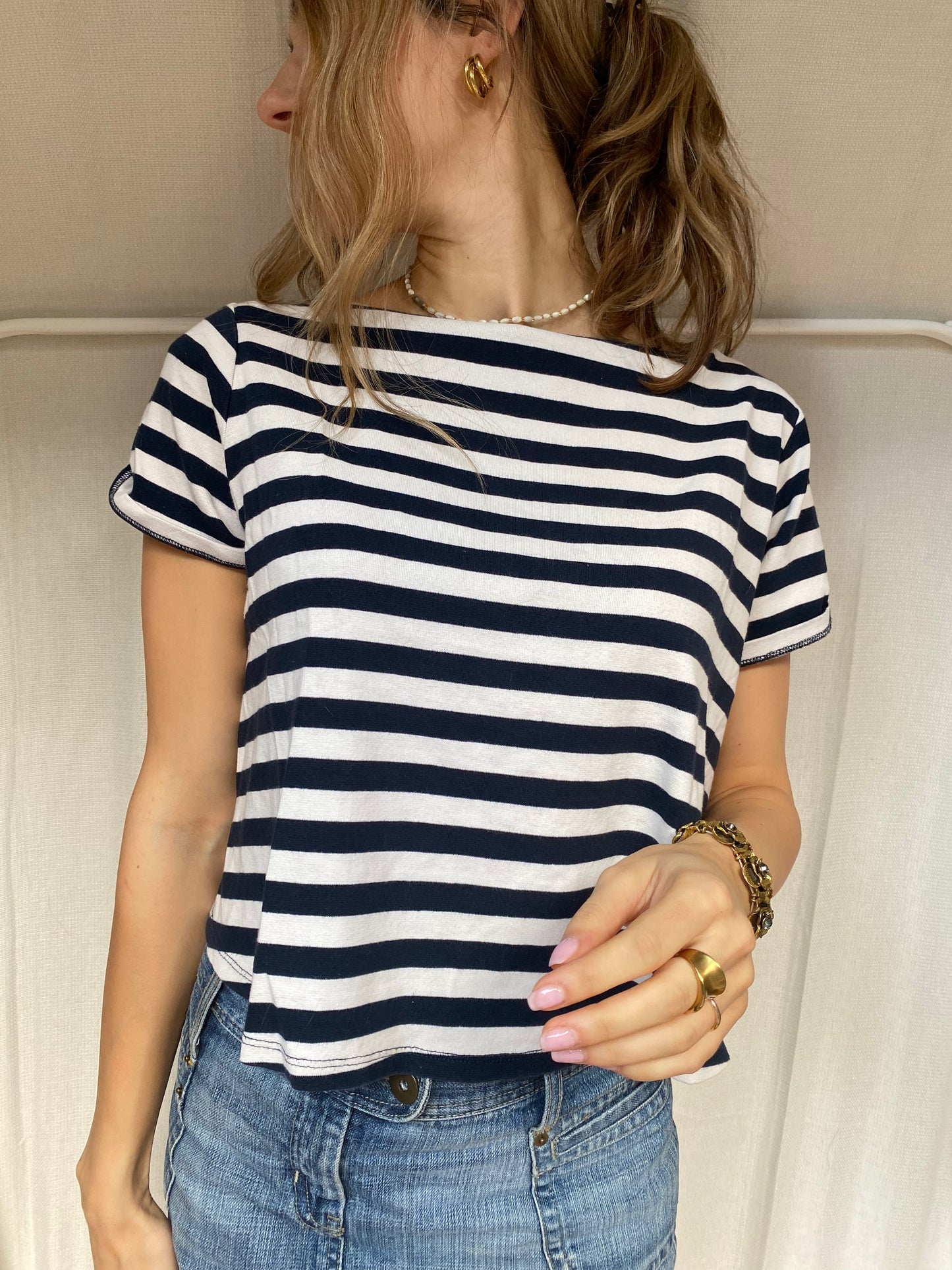 Preloved Boxy Shirt Blockstreifen blau schwarz weiß S-M