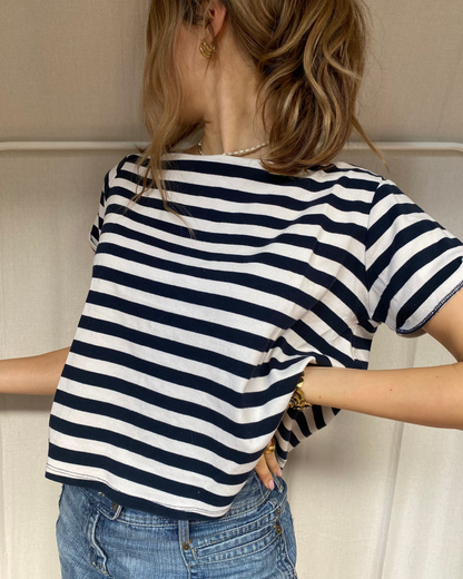 Preloved Boxy Shirt Blockstreifen blau schwarz weiß S-M